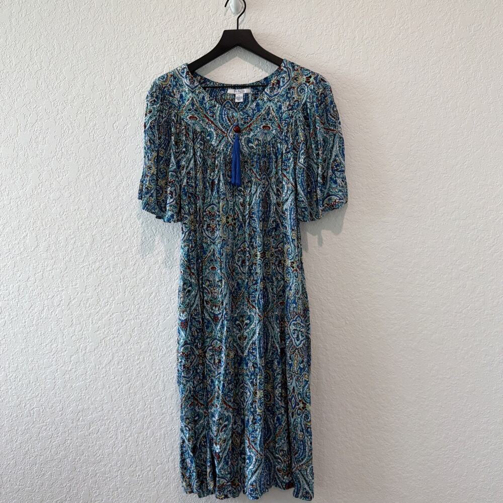 Go Softly Patio Teal Paisley Printed Tassel Detail Zip Front Crinkle Dress Large